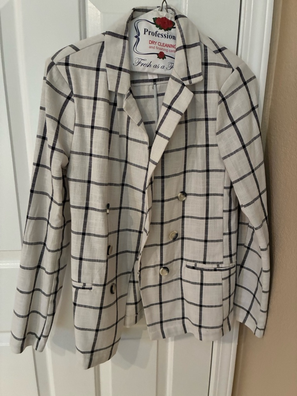 Stoosh Cream and Black Windowpane Plaid Blazer